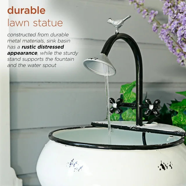 Alpine Corporation 32 in. Tall Outdoor Antique Metal Sink Water Fountain and Stand, White