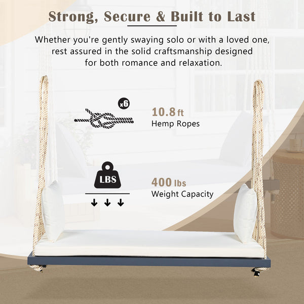 Patio Wooden Swing Chair Hanging Porch Swing Bench with Cushion & Pillows