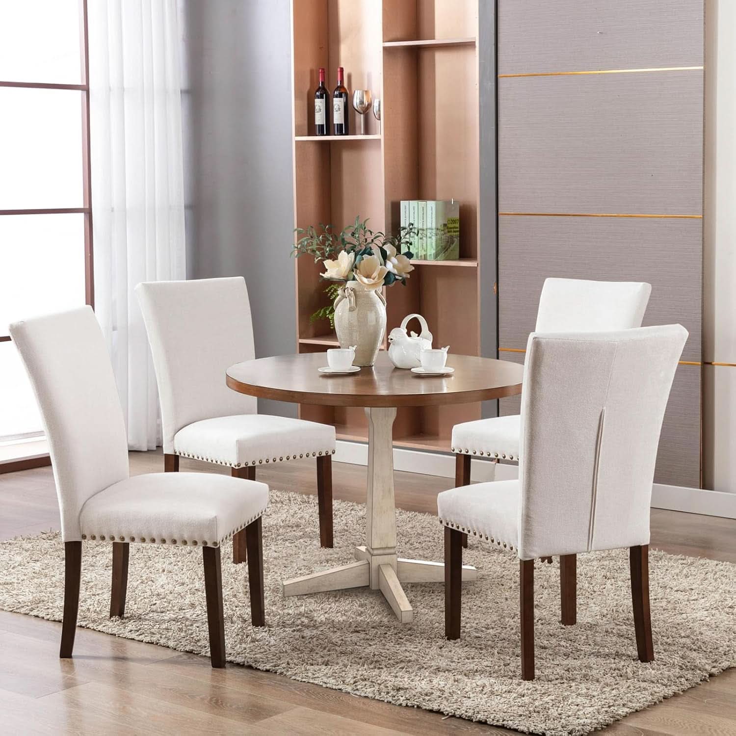Beige Linen Upholstered High Back Counterheight Chairs