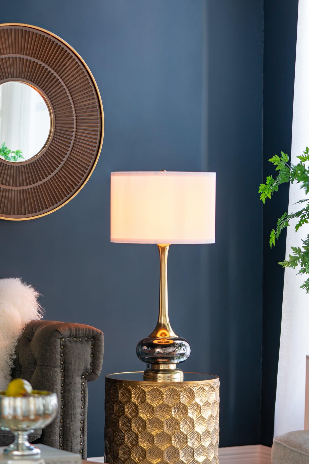Modern Glass Table Lamp with Gold Accents & White Drum Shade