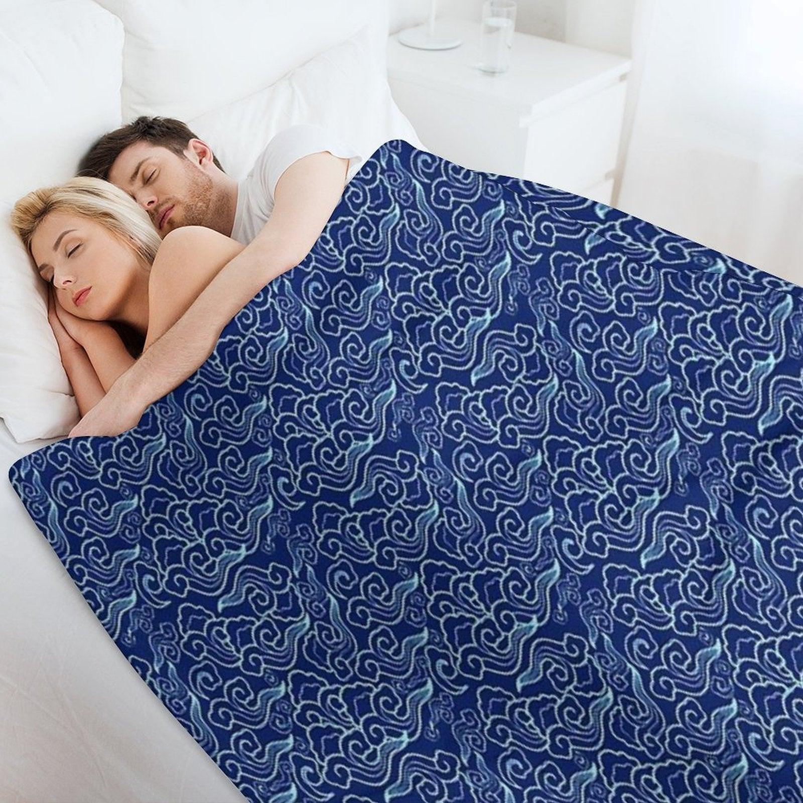 Vintage Japanese Clouds, Cobalt And Sky Blue Throw Blanket