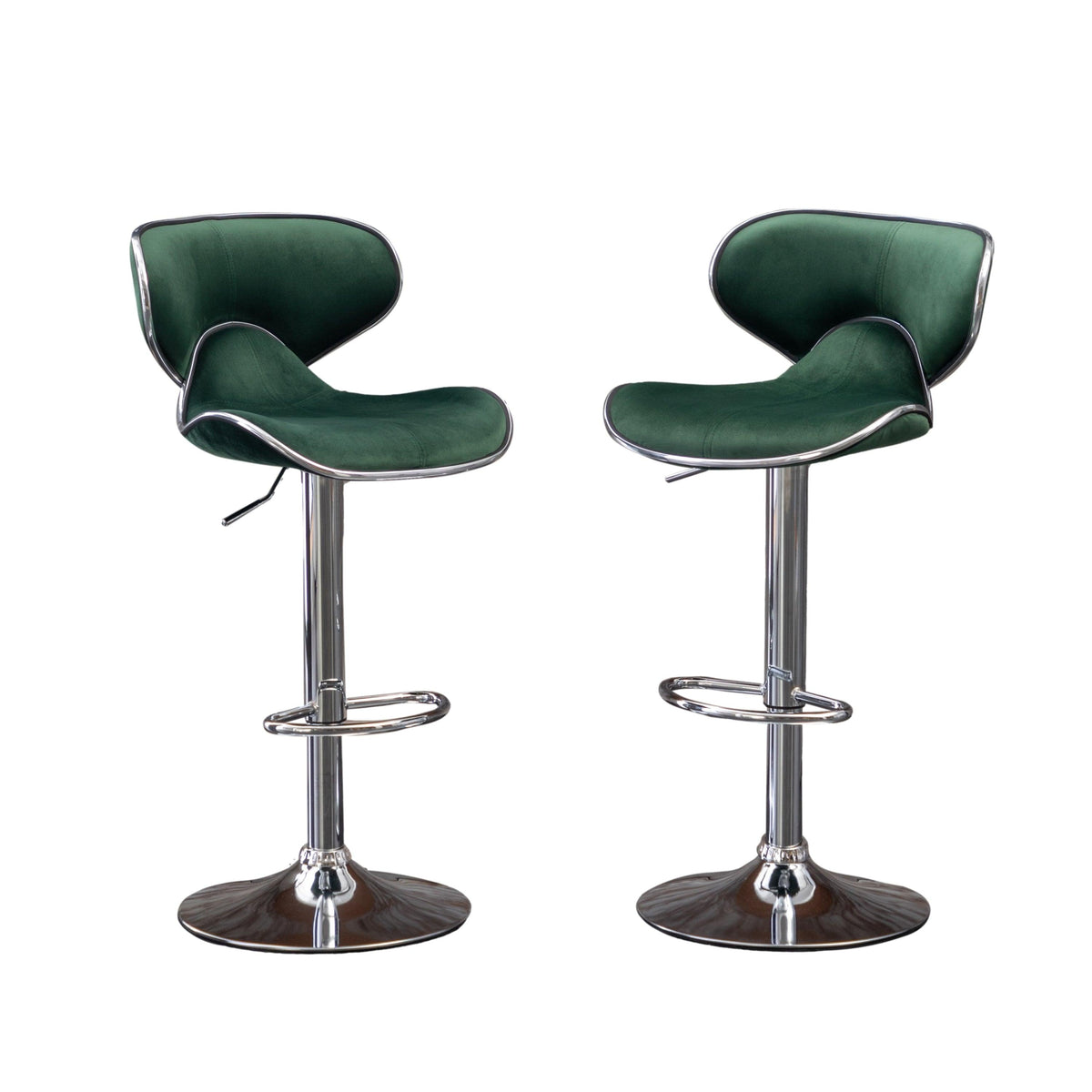 Green Velvet Adjustable Swivel Bar Stools with Chrome Base & Footrest – Set of 2