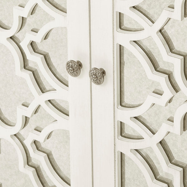 Verona Dining Buffet Server Quaterfoil Design Kitchen Storage Cabinet with Mirrored Doors - cream