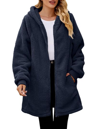 Comfortable Fuzzy Pocketed Zip-Up Long Sleeve Hooded Jacket Cozy & Warm Soft Outerwear For Winter