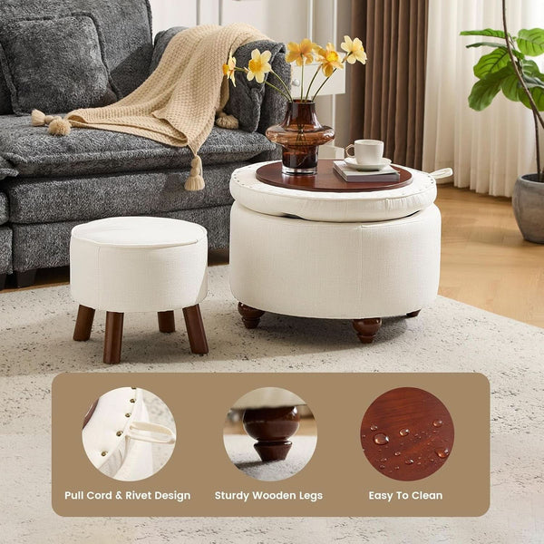24 Inch Round Beige Storage Ottoman Removable TopWith Storage