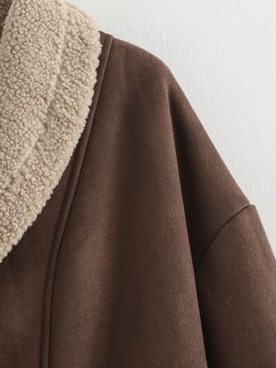 Fuzzy Collared Neck Long Sleeve Jacket with Buttoned Closure and Cozy Pockets