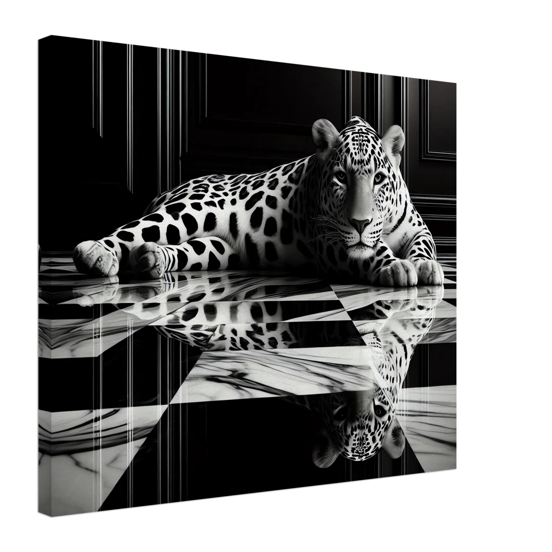 Leopard Canvas Art Print – Striking Design on Black & White Checkered Marble Floor