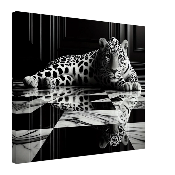 Leopard Canvas Art Print – Striking Design on Black & White Checkered Marble Floor