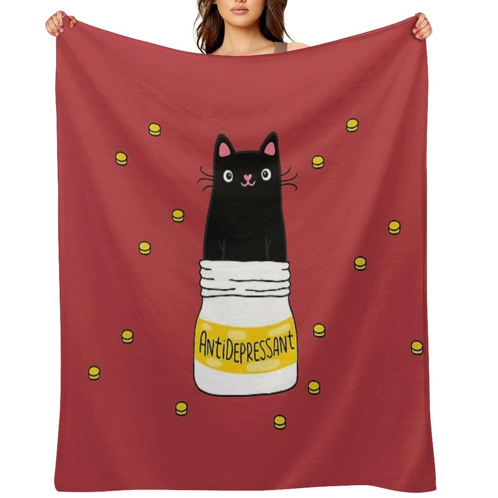 FUR ANTIDEPRESSANT . Cute Black Cat Illustration. A Gift for A Pet Lover. Throw Blanket