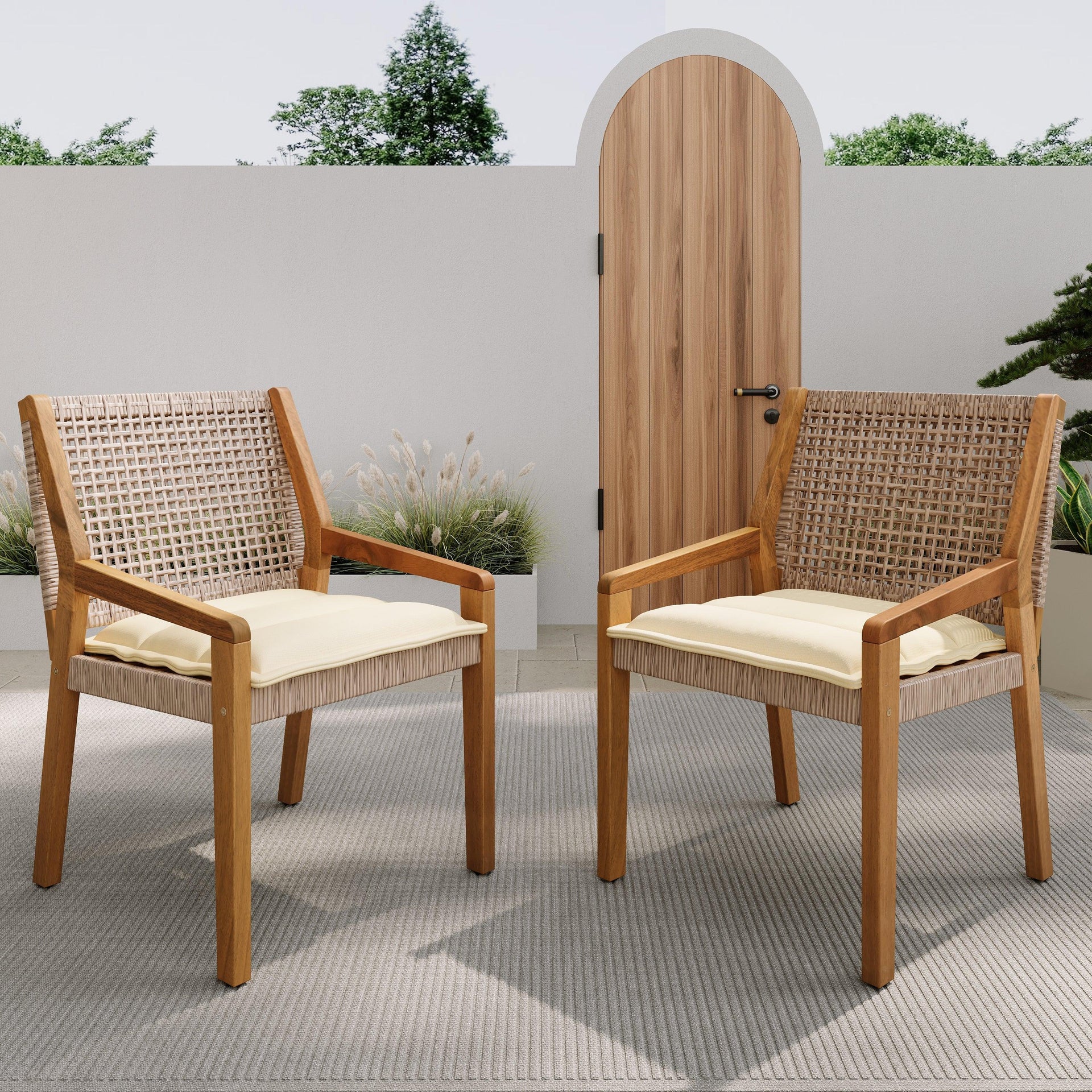 6 Outdoor Acacia Wood and Wicker Dining Chairs Set