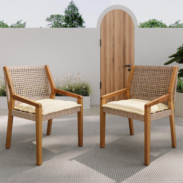6 Outdoor Acacia Wood and Wicker Dining Chairs Set