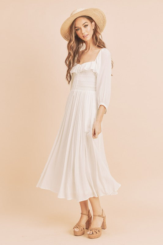 New Summer Ruffled Smocked Square Neck Balloon Sleeve Comfortable Dress – Feminine, Chic, and Elegant for Any Occasion