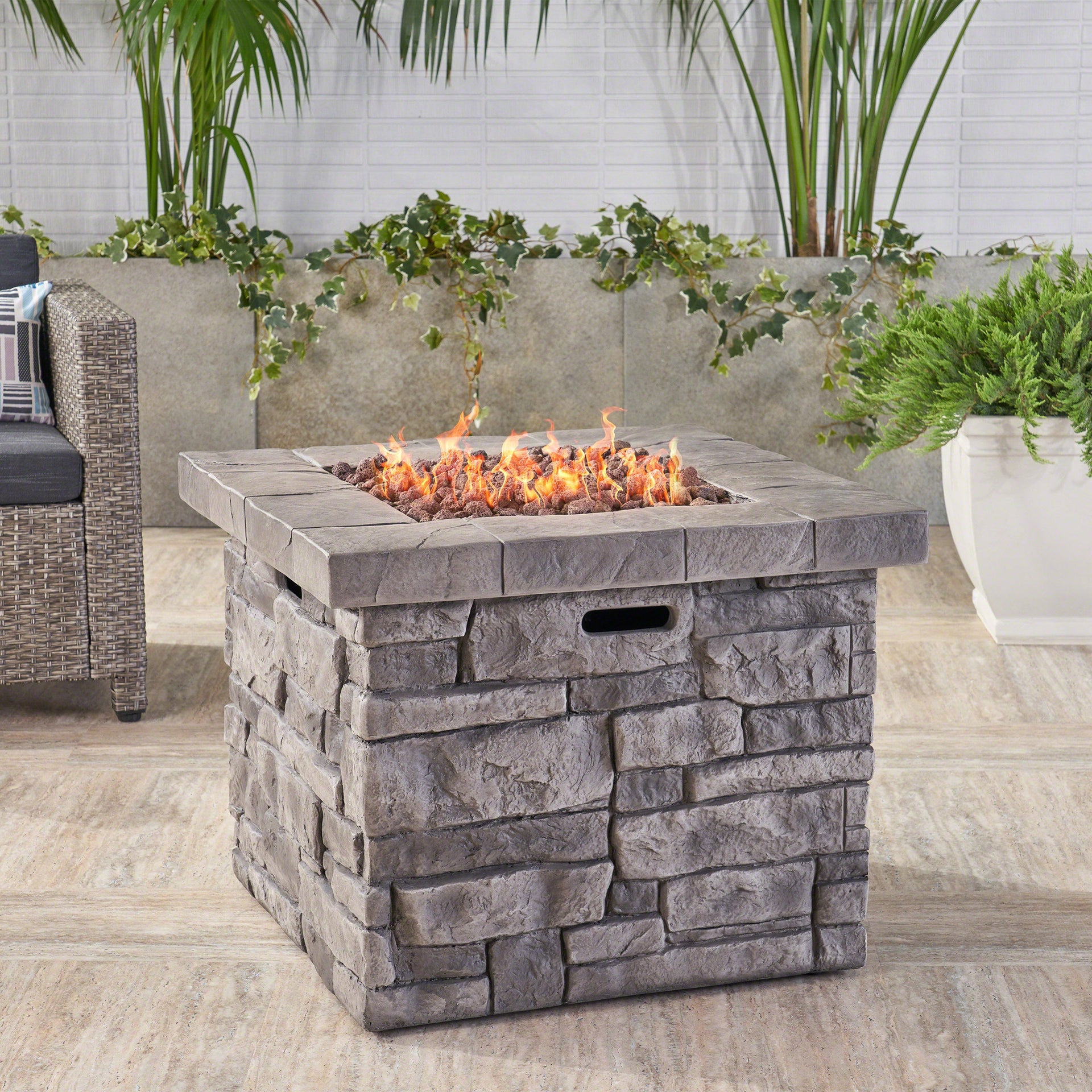 Outdoor Square MgO Propane Fire Pit 40,000 BTU Grey 30-Inch