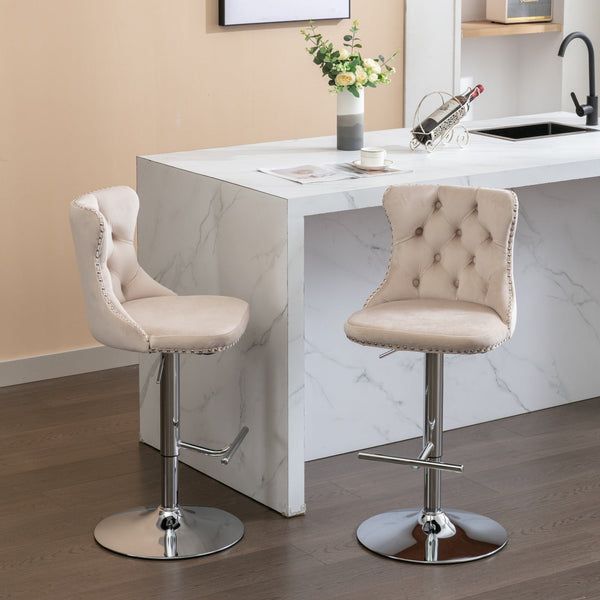 Modern Velvet Swivel Barstools with Adjustable Seat Height and Chrome Base
