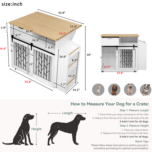Modern Style 2-in-1 Pet Friendly Dog Crate Kitchen Island End Table Natural White MDF Metal Pine