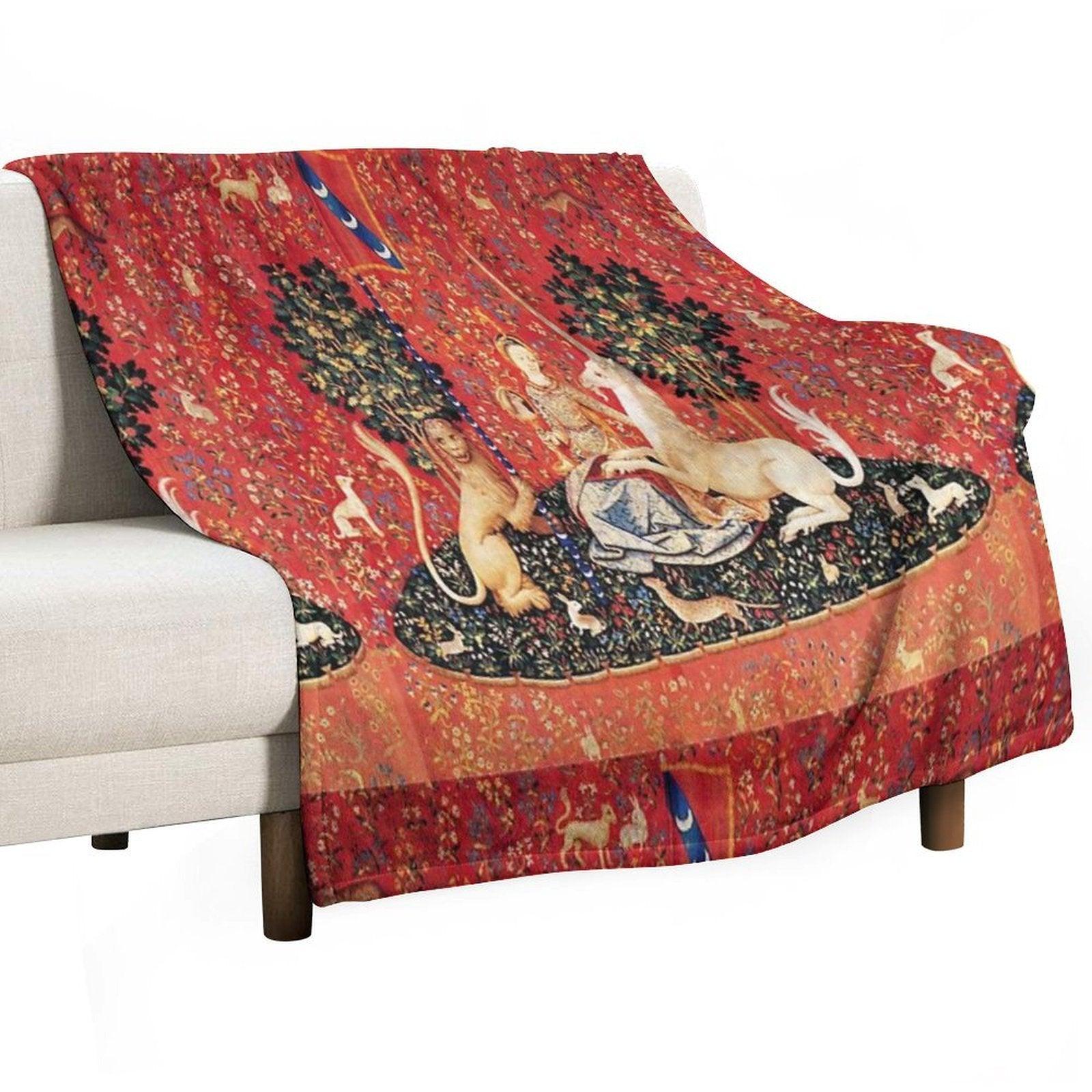LADY AND UNICORN ,SIGHT  Red Green Fantasy Flowers,Animals Throw Blanket