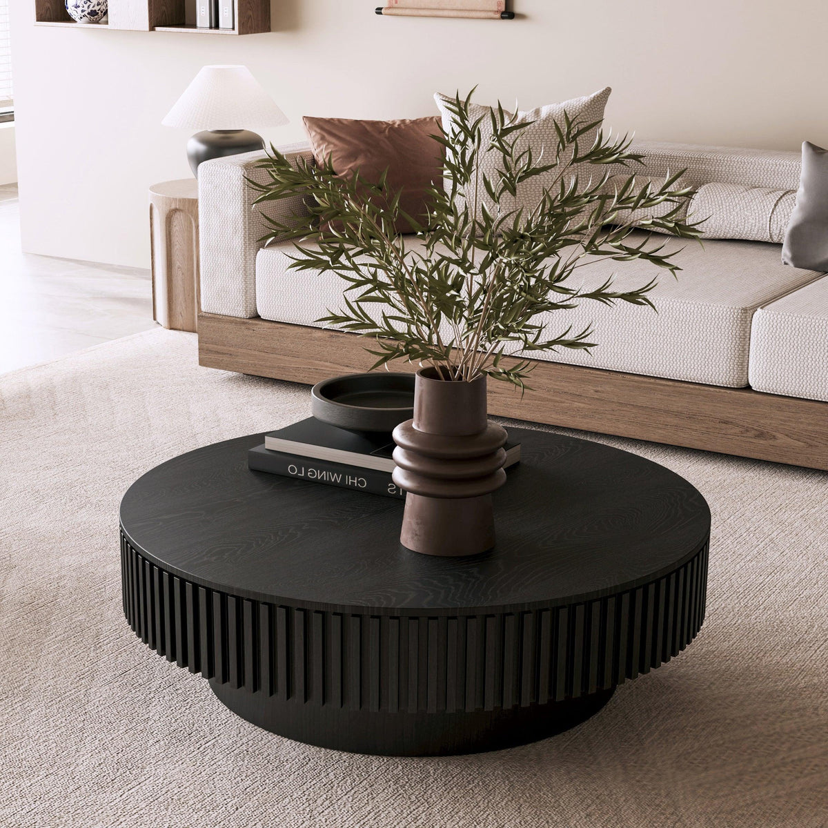 Modern Black Round Mushroom Coffee Table with Hidden Storage