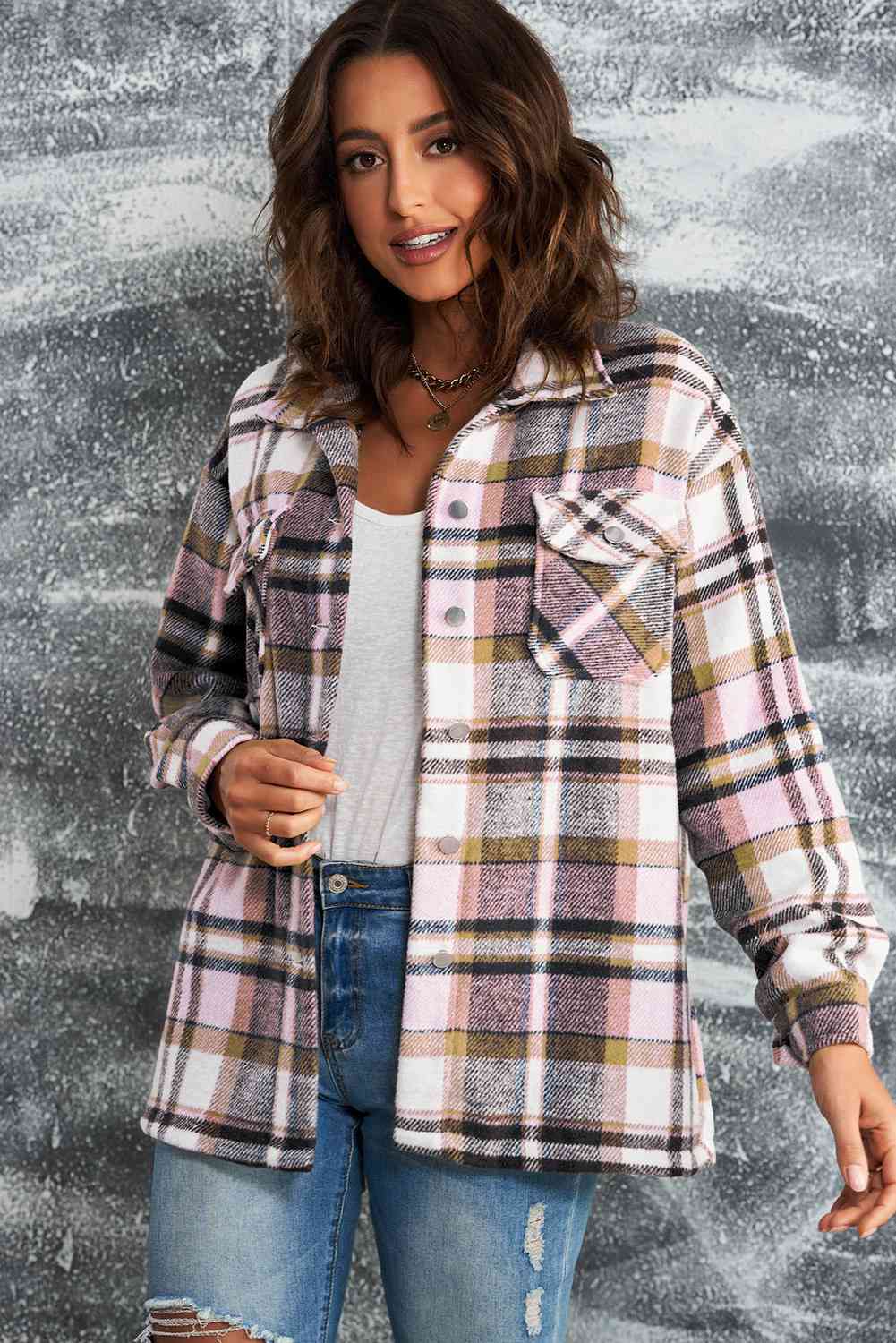 Classic Plaid Button Front Shirt Jacket with Breast Pockets Casual & Minimalist Outerwear