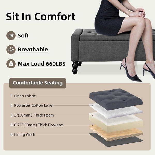 Storage Ottoman Bench Featuring Dual Safety Hinges