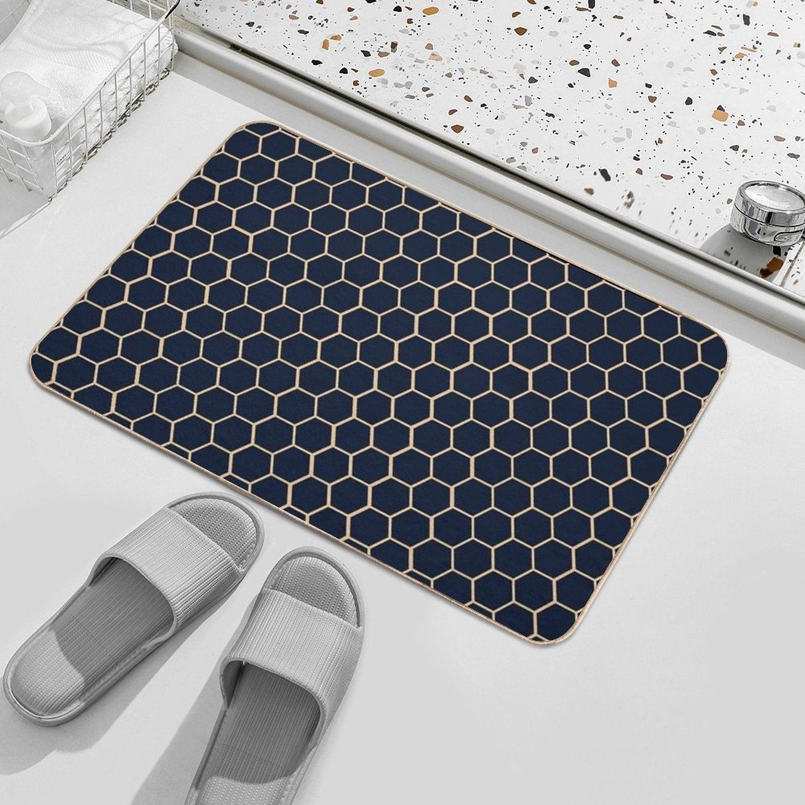 Geometric Light Yellow And Dark Blue Honeycomb Pattern Bath Mat