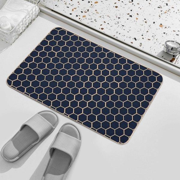 Geometric Light Yellow And Dark Blue Honeycomb Pattern Bath Mat