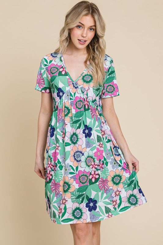 Ruched Floral V-Neck Short Sleeve Summer Dress – Flattering and Feminine Dress with a Chic V-Neckline and Ruched Detailing