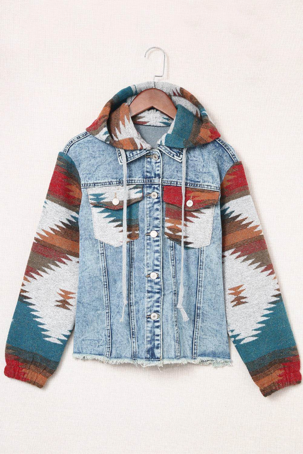 Drawstring Hooded Pocketed Denim Jacket for Women