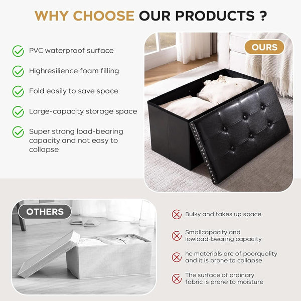 Faux Leather Folding Storage Ottoman 30 Inch Size Black