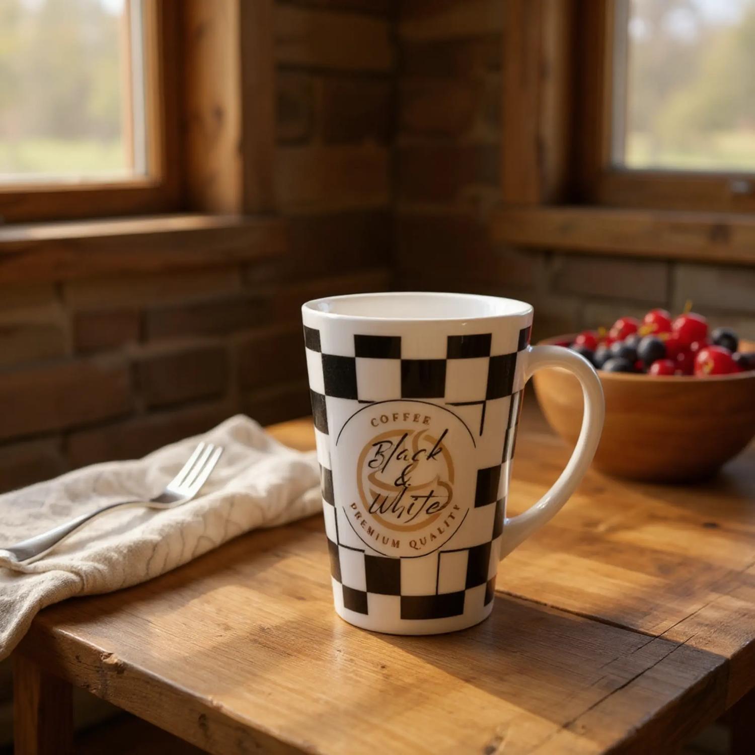 Elegant Black and White Checkered Ceramic Latte Mug - 17oz Coffee Cup