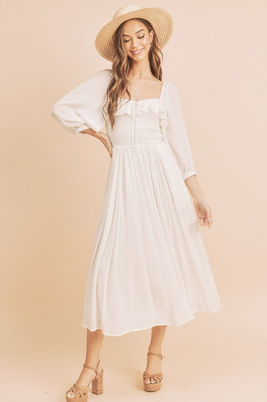 New Summer Ruffled Smocked Square Neck Balloon Sleeve Comfortable Dress – Feminine, Chic, and Elegant for Any Occasion