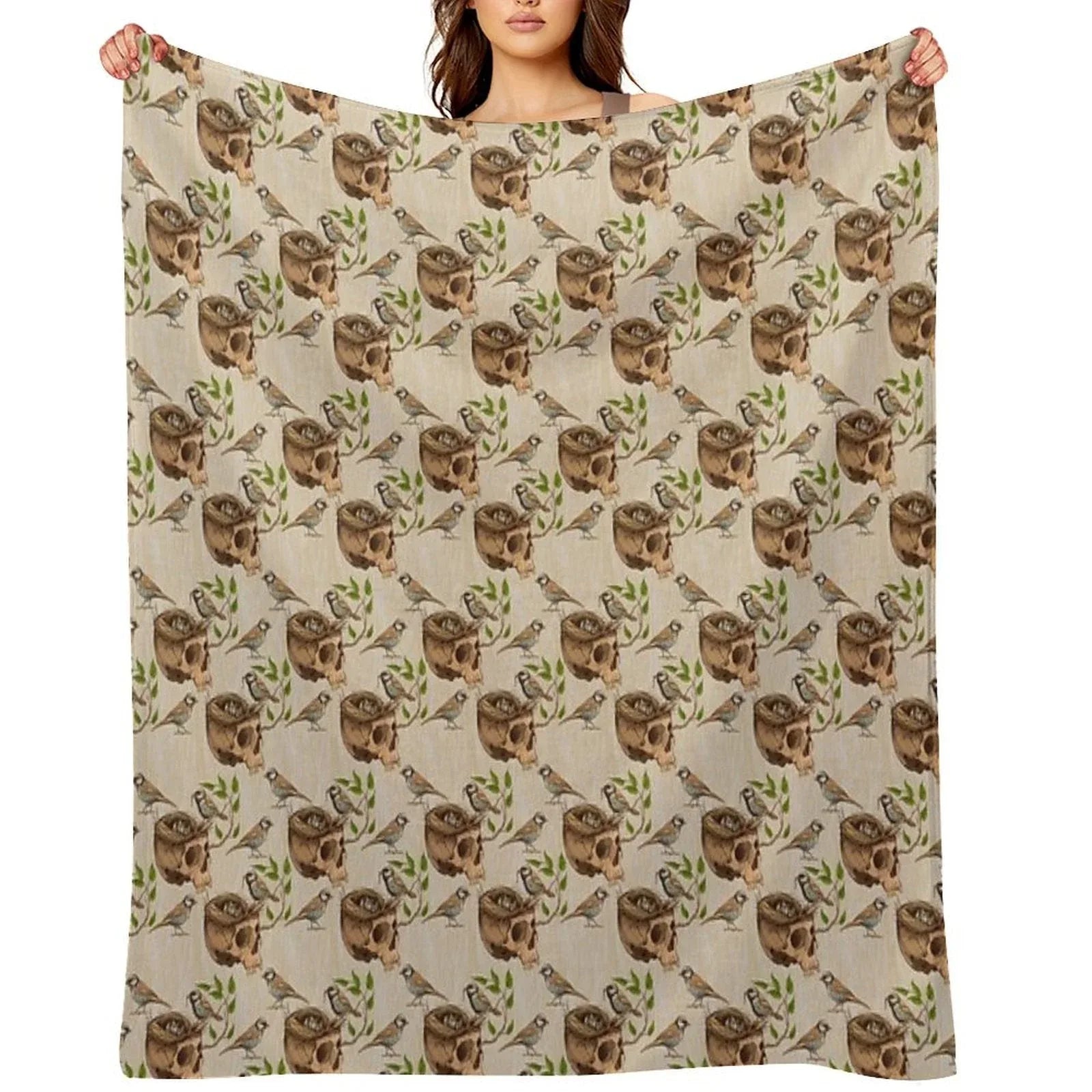 Black And White Illustration of Birds Making A Nest in Animal Skull Throw Blanket