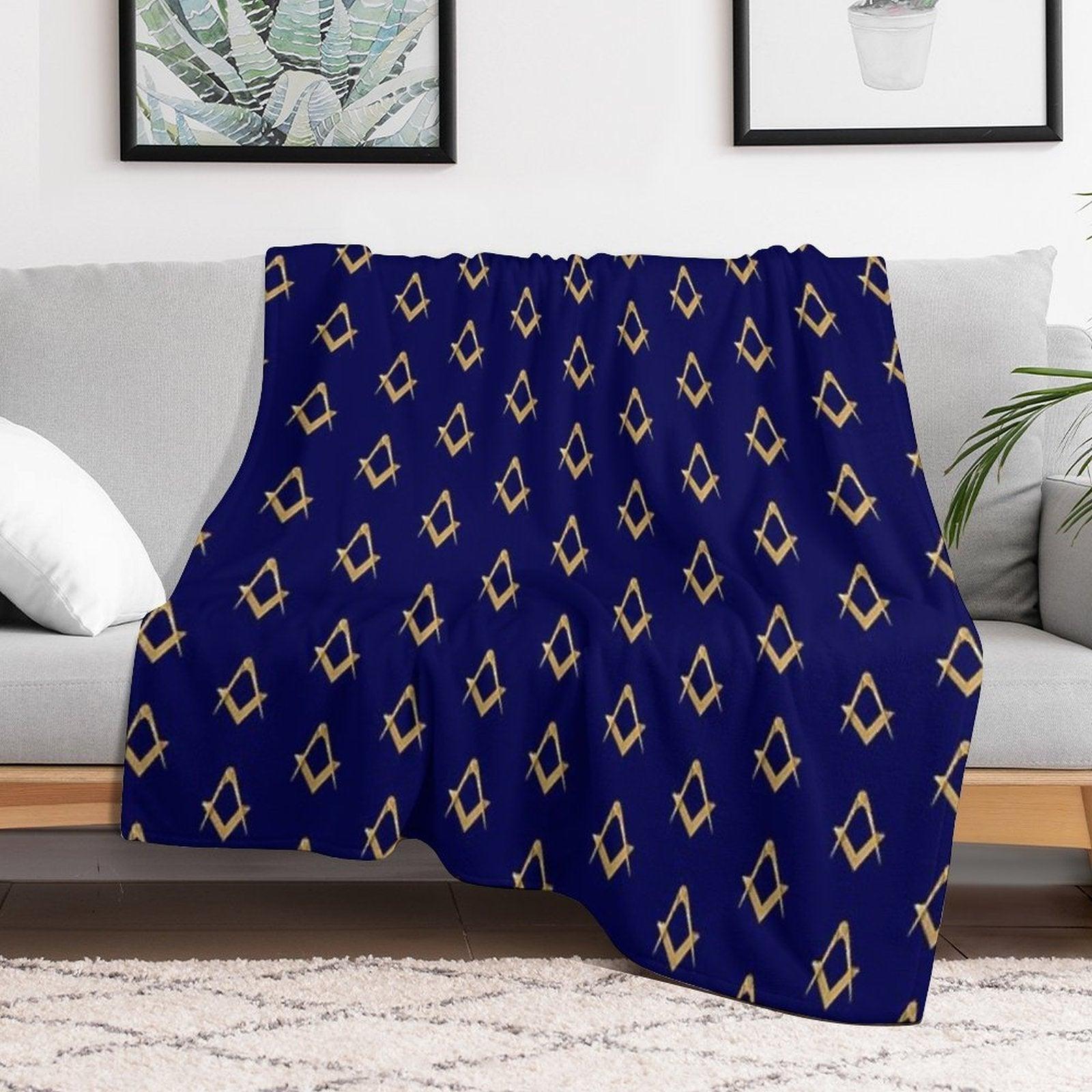 Freemason Pattern Gold Blue Square & Compass Masonic Throw Blanket