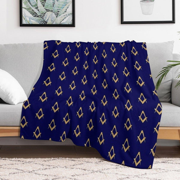 Freemason Pattern Gold Blue Square & Compass Masonic Throw Blanket
