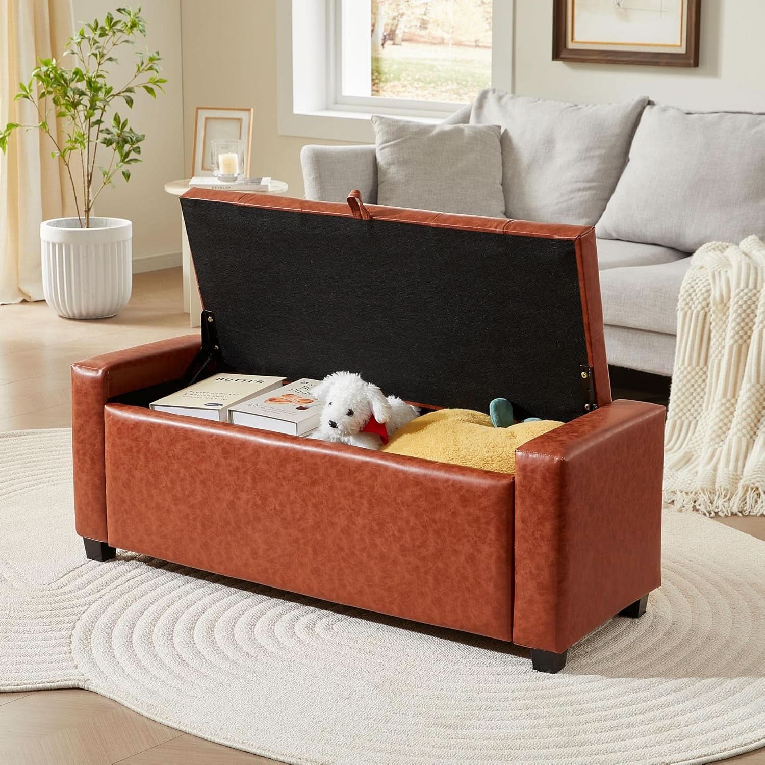 Storage Ottoman Tufted Leather Reddish Brown Bench