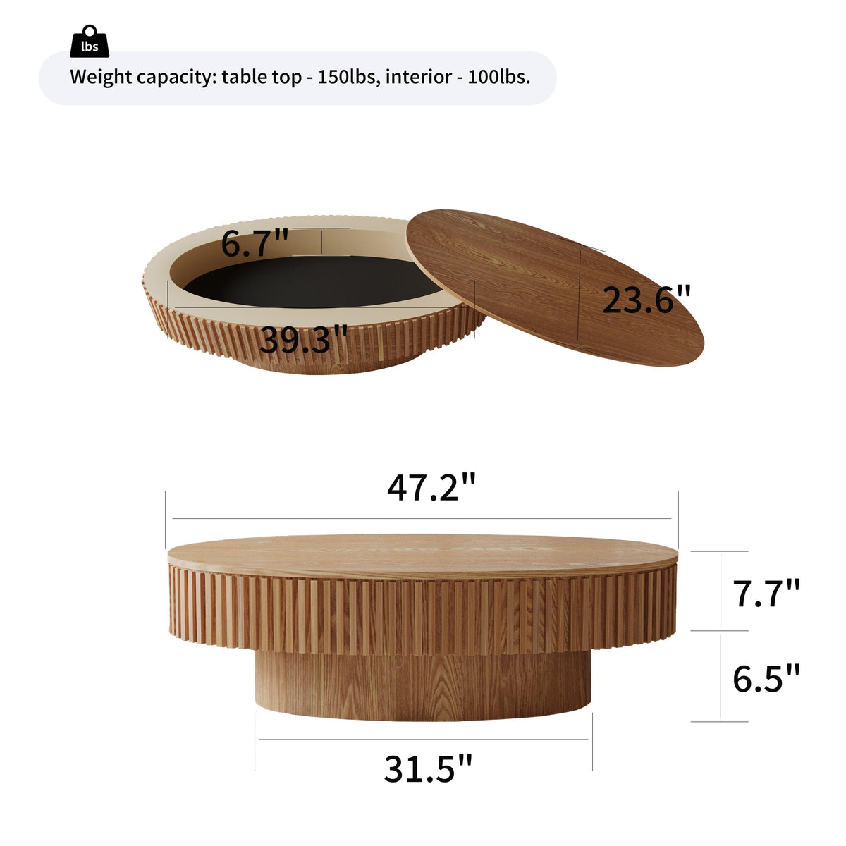 Modern Natural Wood Oval Coffee Table with Hidden Storage
