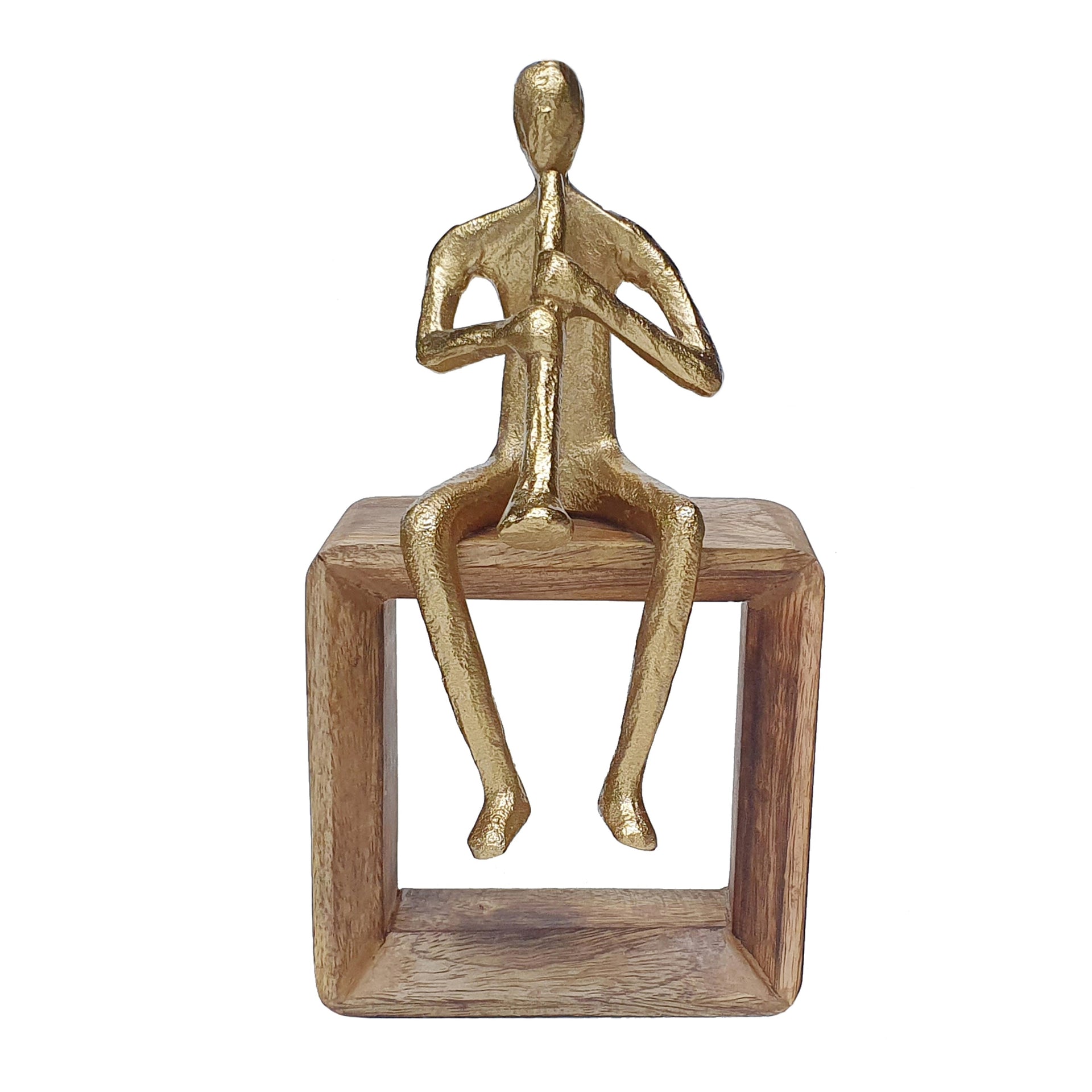 Musician Figure Sculpture with Mango Wood Base Decorative Tabletop Accent