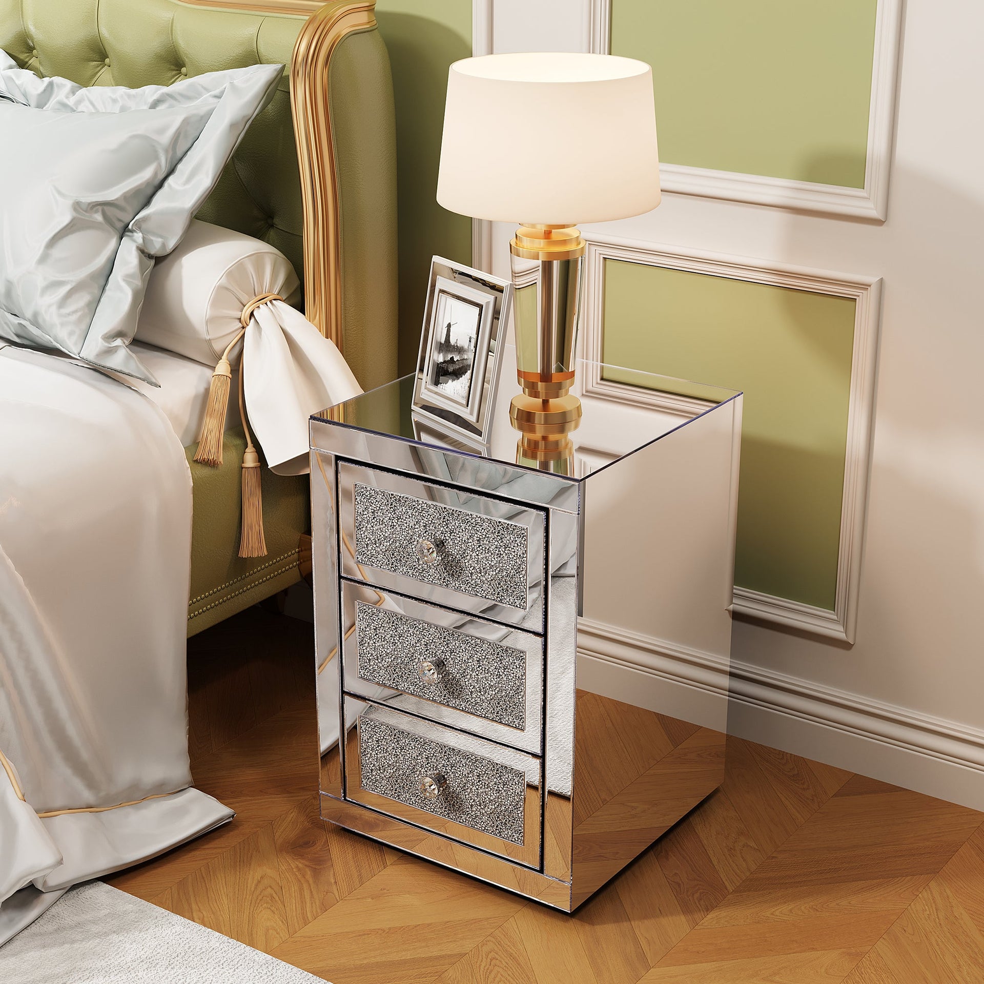 3-Drawer Mirrored Nightstand Bedside Table Glass Accent End Table