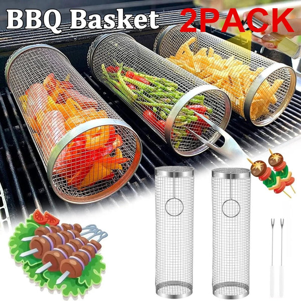 2-Pack Stainless Steel Rolling Grilling Basket - BBQ Grill Tools for Outdoor Cooking ebasketonline