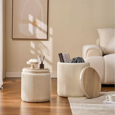 White Storage Ottoman Round Velvet Upholstered Set
