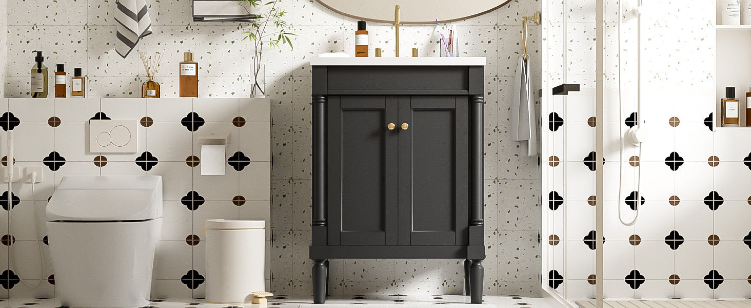 Modern Bathroom Vanity with Top Sink and 2-Tier Large Storage Shelves Cabinet