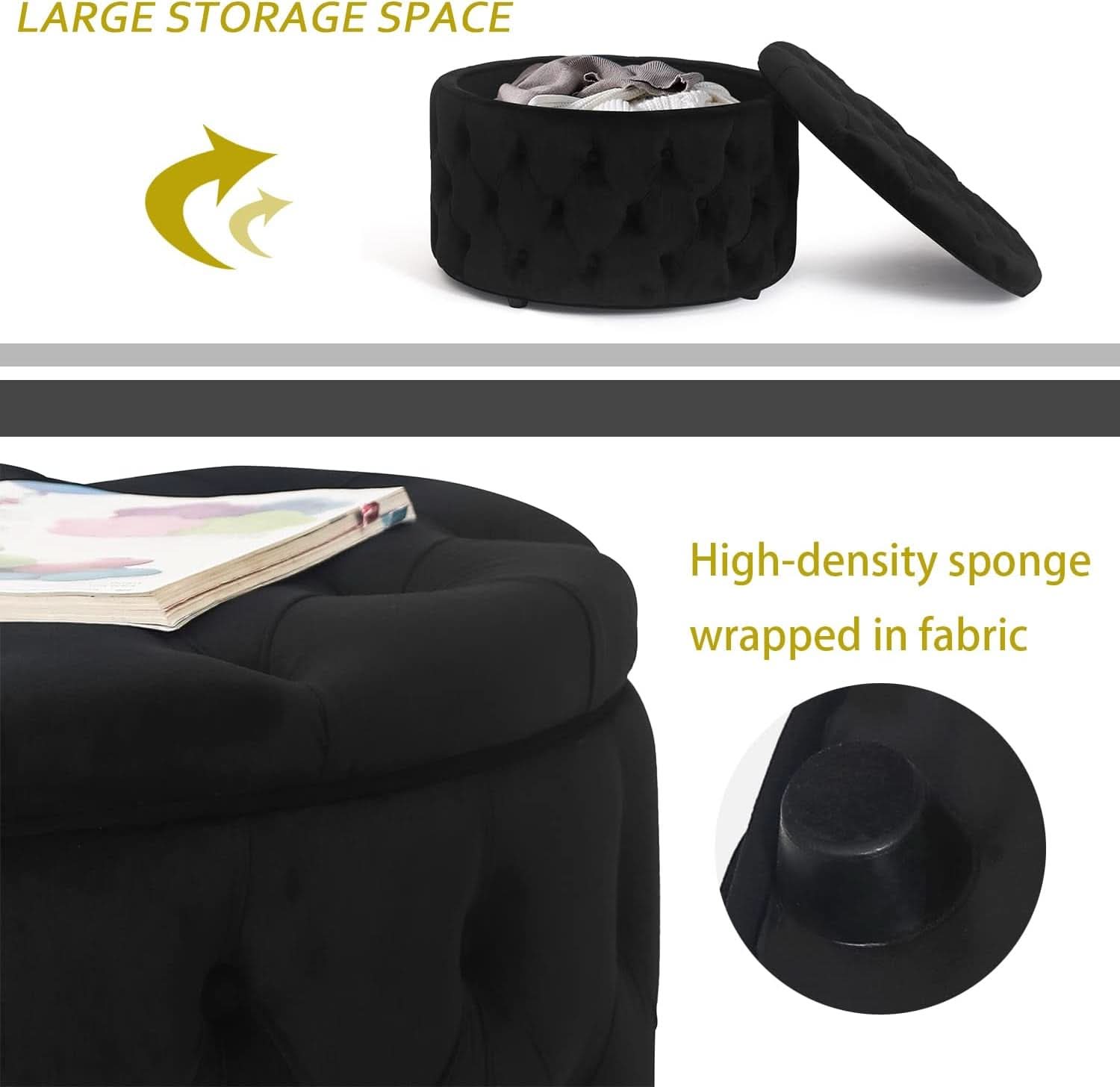 Twenty EightInch Velvety Round Storage Ottoman Black Tufted