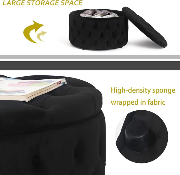 Twenty EightInch Velvety Round Storage Ottoman Black Tufted