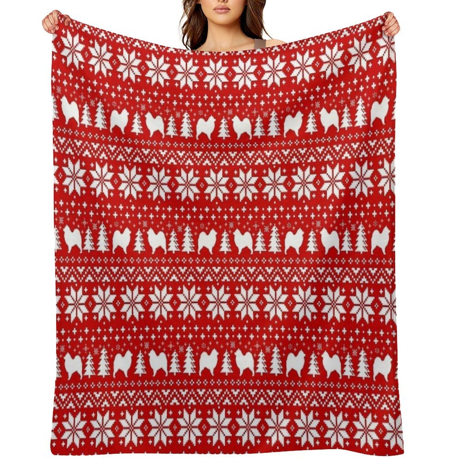 Samoyed Dog Silhouettes Red And White Christmas Holiday Pattern Plush Throw Blanket