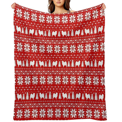 Samoyed Dog Silhouettes Red And White Christmas Holiday Pattern Plush Throw Blanket