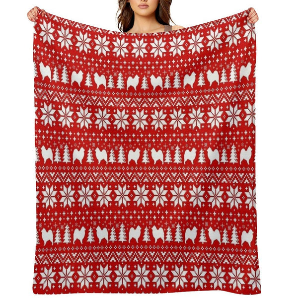 Samoyed Dog Silhouettes Red And White Christmas Holiday Pattern Plush Throw Blanket