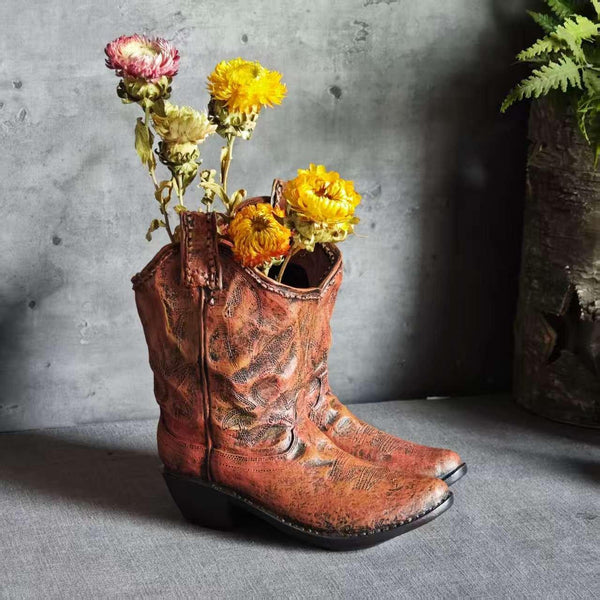 1pc American Country Creative Western Cowboy Boot Resin Flower Pot Ornament Vase for Balcony Garden Decoration