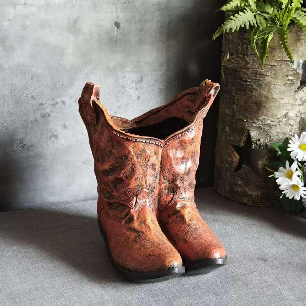 1pc American Country Creative Western Cowboy Boot Resin Flower Pot Ornament Vase for Balcony Garden Decoration