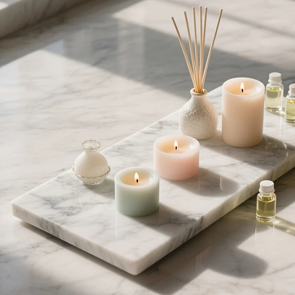 1pc Elegant White Marble Rectangular Tray - Modern Polished Stone Decorative Tray for Vanity, Bathroom, Kitchen | Versatile Home Accessory for Cosmetics, Jewelry, Floral Arrangements | No Batteries Needed, Bathroom Decor, Bes