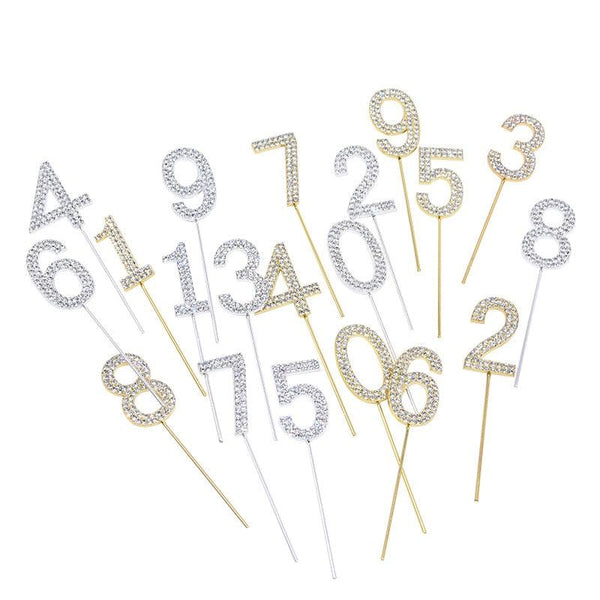 1Pc Glitter Alloy Rhinestone Number Cake Toppers Pieces Silver Glitter Number Cake Toppers Double Sided Twinkle Happy Birthday Cake Topper Cupcake Toppers For Wedding Baby Shower Birthday Decoration Wedding Gold Silver Digital Cakes Dessert Decor