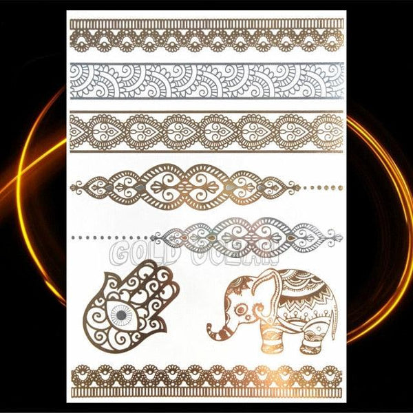 1PC Gold Chain Bracelet Tattoo Sticker Summer Style Fake Jewelry Temporary Tattoo Waterproof Gold Sliver Glitter Body Face Tattoo For Womens